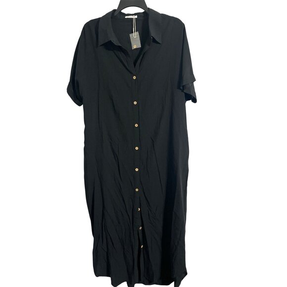 MITTOSHOP Button Down Collared Midi Shirt Dress with Pockets in Black Medium - Picture 1 of 12